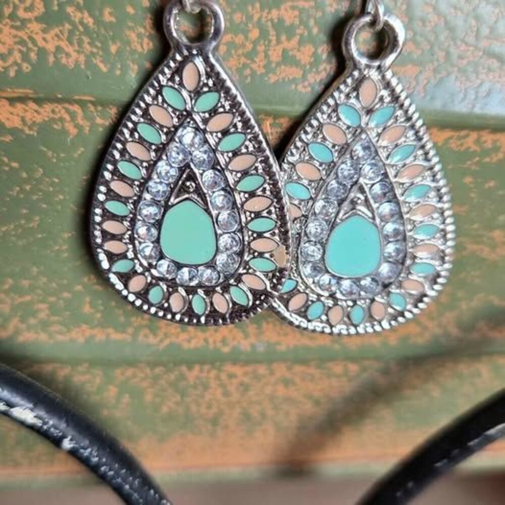Mint Green Rhinestone Filigree Teardrop Earrings | Silver Tone | Pre-Owned